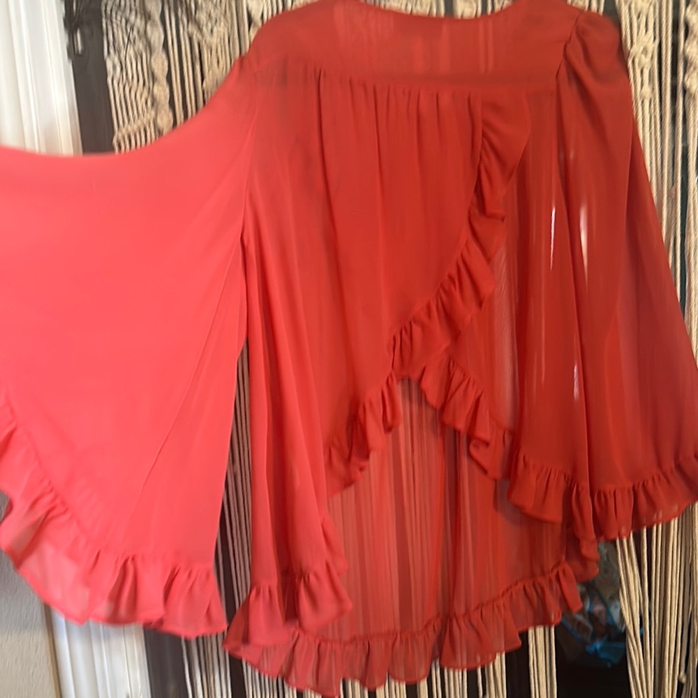 Sheer Red Blouse with Ruffle Details - Picture 3 of 3
